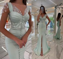 Mint Green Mermaid Evening Dresses With Buttons Front Split Sexy Sheer Crystlas Beads Sleeves V Neck Sequined Party Prom Gowns Women Occasion Vestidos BC14823