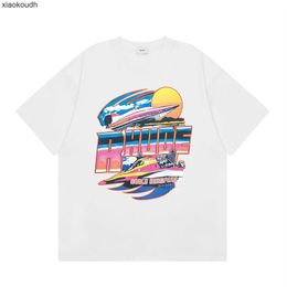 Rhude High end designer clothes for Sunset Yacht Colourful Letter Print Loose Versatile Mens and Womens trendy Same Short Sleeve T-shirt With 1:1 original labels