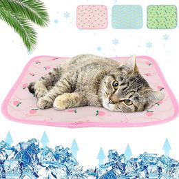 Cat Beds Furniture Cat Mat Cooling Cats Summer Pad Mats Ice Silk Puppy Kitten Blanket Breathable Pet Bed Sofa For Small Medium Dogs Cats Cute Print d240508