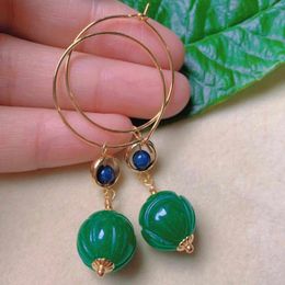 Dangle Earrings Fashion Green Round Hetian Jade Lapis Lazuli Beads Gold Anniversary Bridal Teens Beaded Crystal Gemstone Men Stud Party