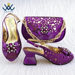 Dress Shoes Mature Coming Italian Women Matching Bag Set With Shinning Crystal Thin Heels For Garden Party In Purple