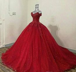 sparkly Red 3d Lace Appliqued wedding Dresses off the shoulder sequined Ball Gowns Tulle ball bride Gowns lace up back