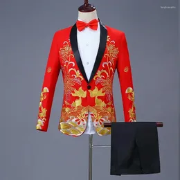 Men's Suits Men 2 Piece Set Chinese Red Embroidery Wedding Party Banquet Dress Costume Boys Suit Blazer Pants Oversize Xxxxl
