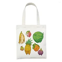 Shopping Bags Women Canvas Shoulder Tote Cartoon Funny Vegetables Fruits Fashion Female Handbag Foldable Reusable Shopper Bag