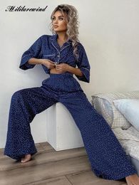 Women's Sleepwear Spring Summer Half Sleeve Sleep Top And Trousers Women Polka-dot Blue Night Pajamas Sets Two Pieces