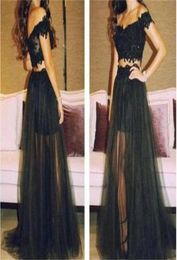 Fashionable Prom Dresses Cute New Style Long Black Two Pieces See Through Unique Party Gowns Lace Off Shoulder Evening Dresses Onl1809566