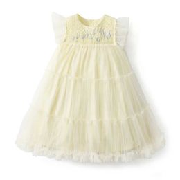 Girl's Dresses 2025 Short sleeved Yellow Smoke Baby Dress Flower Embroidery First Birthday Part Clothing Christmas Girl DressL240508