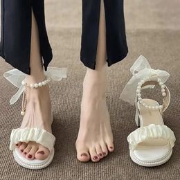 Summer 2023 Buckles Sandals for Woman Bow with Strap Footwear Medium Heels Square Womens Shoes Luxury Wholesale Original Korea 240425