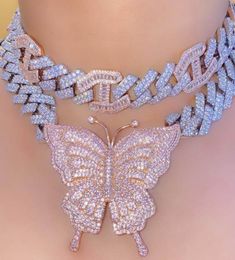 New 15mm Iced Out Bling CZ Cuban Link Chain Rose Gold Pink Butterfly Necklace Silver Colour 2Row CZ Choker women Hip Hop jewelry6376130