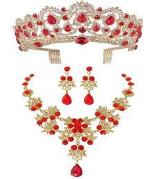 Baroque Vintage Gold Red Green Blue Crystal Bridal Jewellery Sets Necklace Earrings Crown With Comb African Beads Jewellery Sets8137618