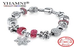 YHAMNI Antique 925 Silver Wedding Vintage Jewelry Charm Bracelet Bangle With Snowflake Pendant Crystal Beads for Women YB2112314553