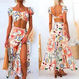 Work Dresses Women Wrapped Chest Top And Half Skirt Print Suit Slash Neck Short Sleeve Tshirt Tops Mid Length Skirts Beach Outfit Two Pcs