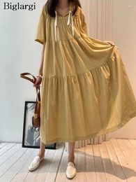 Party Dresses Summer Hooded Dress Women Ruffle Pleated Korean Style Fashion Short Sleeve Ladies Casual Loose Woman Long