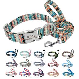 Nylon Printed Dog Collar Leash Set Personalised Pet Necklace Free Engraved ID Tag Nameplate For Small Medium Dogs 240508