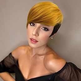 Pixie Cut Wig Human Hair Blonde Short Machine made Wigs for Black Women Short Natural Straight Short Hair Wigs Pixie Wig with Neat Bang Ombra 1b/27#