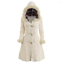 Women's Knits Women Warm Winter Knitwear Cable Knit Plaid Faux Fur Panel Hooded Coat Horn Button Long Knitted Sweater