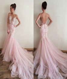 Elegant Blush Pink Deep V neck Prom Evening Dresses Party Formal Gowns Lace Applique Tulle Court Train Ruffles Backless Cheap Desi5857434