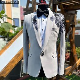 Elegant Blazers Men Suits Appliques Lace Fashion Banquet 2 Piece Business Jacket Pants Trousers