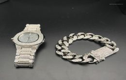 Hip Hop Mens Watches Bracelets Set Fashion Diamond Iced Out Cuban Chain Gold Silver Watch Set With Box 201919189024