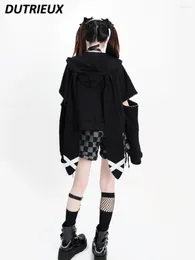 Women's Hoodies Lolita Ears Black Short Hooded Sweatshirt Long Sleeve Spring Autumn Zip Up Oversized Coat Cardigan