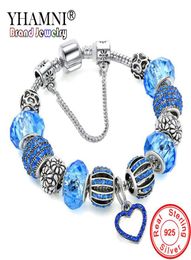 YHAMNI Original Solid 925 Silver Blue Charm Bracelet Bangle with Love and Flower Crystal Beads Safety Chain Bracelet For Women HB08800440