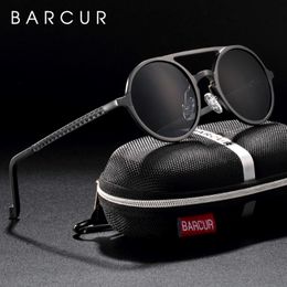 BARCUR New Retro Aluminum Magnesium Sunglasses Polarized Lens Vintage Eyewear Accessories Sun Glasses Driving Men Round Sunglasses 296O