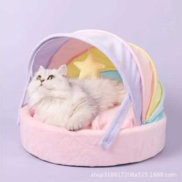 Cat Beds Furniture Cat House Bed Cute Cat Bed Rainbow Tent Pet Dog Sleeping Pad Winter Warm Deep Sleep Cat Nest Comfortable Breathable Cat House d240508
