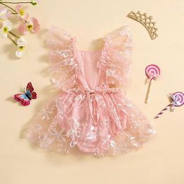 Rompers 0-18months Baby Girl Romper Dress Leaf Floral Embroidery Sleeveless Square Neck Backless Bodysuit For Infant Girls