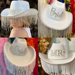 Berets Elegant Cowgirl Hat For Bridal Shower White Bachelorette Party Shimmering Tassels Wide Brim