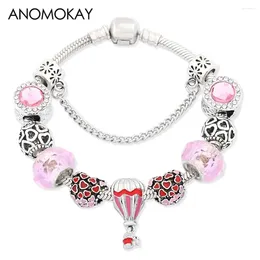 Charm Bracelets Romantic Red Enamel Heart Air Balloon Bracelet Pink Crystal Bead For Women Girl DIY Jewellery Gift