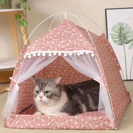 Cat Beds Furniture Cat Sleeping Nest Semi-Enclosed Cat Tent House Breathable Pet Hut Shelter With Screen Door For Summer Pet Bed Supplies d240508