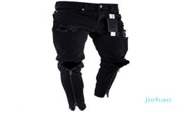 Fashion Mens Zipper Holes Designer Jeans Black Ripped Slim Fit Represen Pencil Pants Multi Style8175682