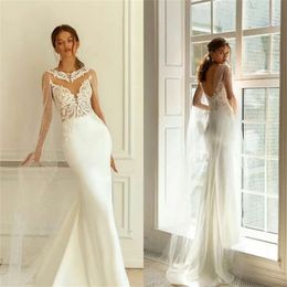 Bling Wedding Long Sleeves Dresses Chic Mermaid Sequins Appliques Lace Bridal Gowns Backless Ruched Satin Vestidos De Novia
