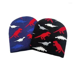 Berets Autumn Winter Cotton Cartoon Dinosaur Print Thicken Knitted Hat Warm Skullies Cap Beanie For Kids Boy And Girl 82