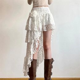 Skirts Deeptown Tulle Boho Lace Skirt Women Elegant White Vintage Irregular Layered Street Summer Short Mid Korean Fashion