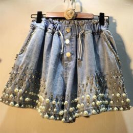 Women's Jeans Pearl Diamond Nails Beads High Waist Wide Leg Denim Shorts Women Pants Elastic Fashion