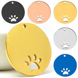 20PCS Pet ID Name Tag Round Inner Openwork Dog Paw Stainless Steel Custom Engraved Personalized Cat Nameplate Pendant Jewelry 240508