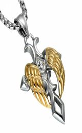 Gold Color Angel Wing Men Pendant Necklace Punk Crucifix Stainless Steel Titanium Necklaces Jewelry9131742