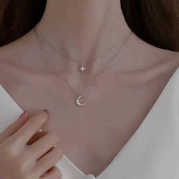 Pure Silver Starry Moon Double Layer Necklace 2024 New Female Minority Light Luxury Personalised Design Sense Collar Chain Womens Summer Womens Edition