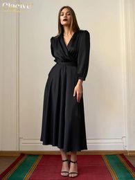 Casual Dresses Clacive Loose Black Satin Womens 2024 Fashion V-Neck Long Sleeve Ankle Length Dress Elegant Lace-Up Female