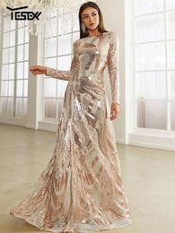 Casual Dresses Yesexy Apricot Round Neck Long Sleeved Sequin A Line Evening Dress Banquet Prom Maxi Wedding Bride