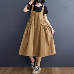 Casual Dresses Female Dress Summer Mid-Length Loose Solid Colour Pocket Swing Chic Straps Women Vestidos Selling