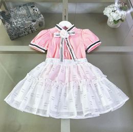 Lady style Kids designer clothes sets girls flower Bows tie lapel short sleeve shirt letter printed gauze skirt 2pcs children princess outfits Z8021