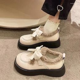 Casual Shoes Autumn/Winter Bow Brown Velvet Loafers Platform Mary Jane English Style Heightening Cotton-padded For Women