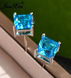 Stud 4567MM Crystal Stone Square Earrings For Women Men Silver Princess Aqua Blue Zircon Wedding Ear Studs Party Jewelry Cz1659464