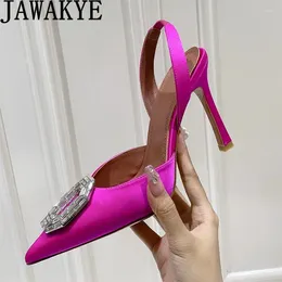 Dress Shoes Pink Satin High Heel Wedding Party Women Pointy Toe Metal Decor Crystal Pumps Summer Sexy Formal