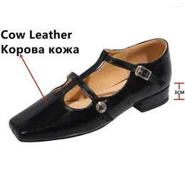 Casual Shoes Fashion Women Pumps Square Toe Low Heels Spring Summer Genuine Leather Buckle Strap Mary Janes Office Lady Woman
