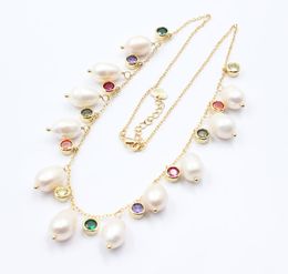 GuaiGuai Jewelry Freshwater Cultured White Rice Pearl Multi Color Cubic Zirconia CZ Pave Chain Necklace 18quot Pearl Pendant For9356800