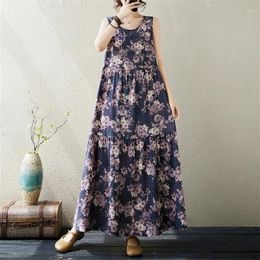 Casual Dresses Sleeveless Thin Light Cotton Patchwork Print Floral Loose Vintage Summer Tank Dress Fashion Women Travel Beach Long