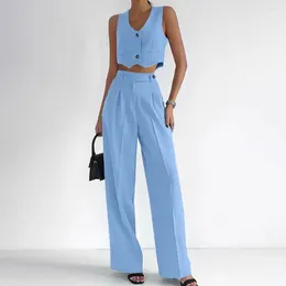 Women's Two Piece Pants Women Floor-length Wide-leg Stylish Office Suit Set With Sleeveless Crop Top Wide Leg Chic For Professional